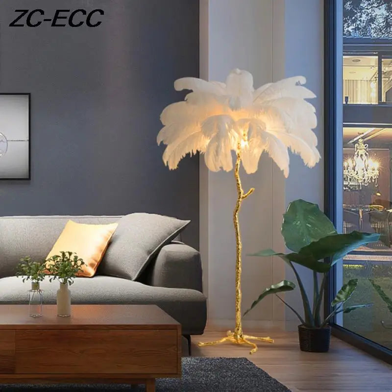 现代奢华鸵鸟羽毛 LED 落地灯
